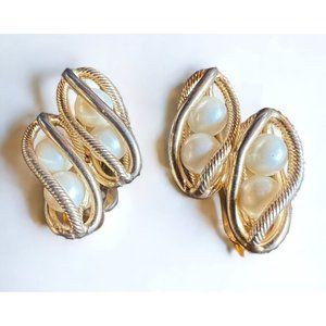 Hobe Clip On Earrings Gold Tone Pearl Twisted Cage